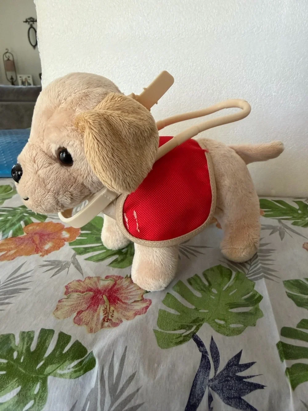 Plush Guide Dog Toy Carrier with Red Vest - Tan